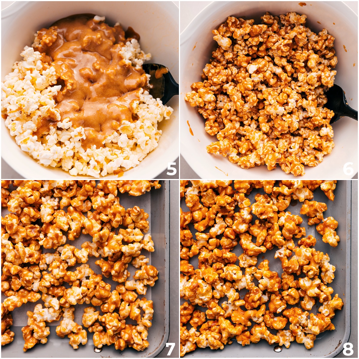 Crunchy And Sugary Caramel Corn Recipe The thick sugar coating is mixed with the popcorn, spread on a sheet pan, and baked.