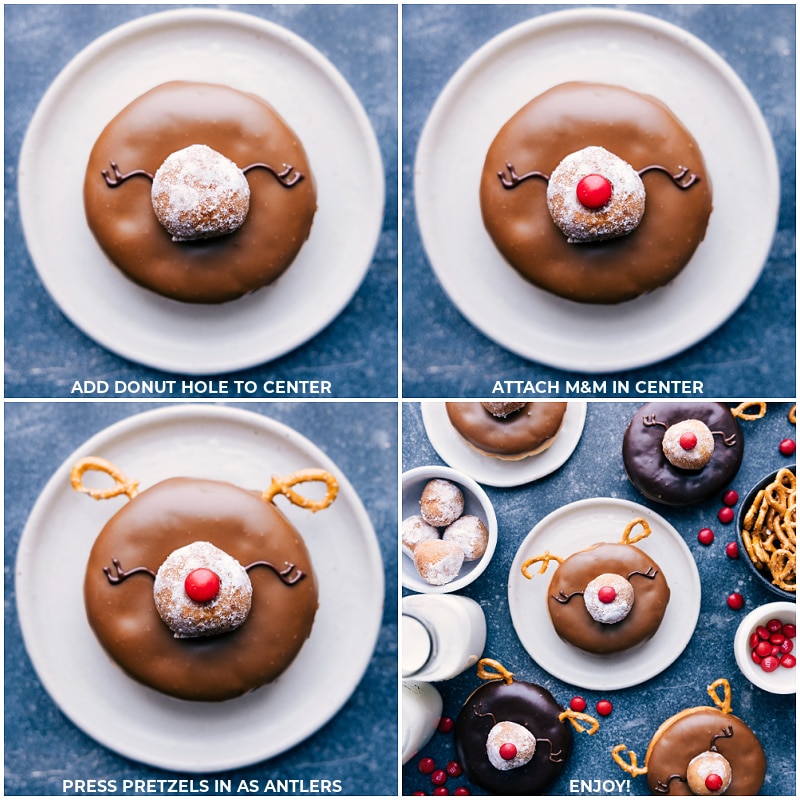 Christmas Donuts made to look like reindeer (specifically Rudolph)! Recipe via chelseasmessyapron #dessert #best #holiday #deer #holidaytreats #christmastreats #christmas #donuts Process shots-- images of all the parts being assembled for these treats