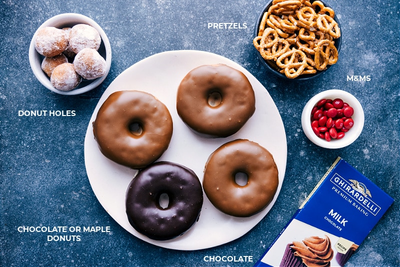 Christmas Donuts made to look like reindeer! These cute and festive donuts are simple to make and sure to be a hit this holiday season! Recipe via chelseasmessyapron #dessert #best #holiday #deer #holidaytreats #christmastreats #christmas #donuts Ingredient shot-- images of the ingredients used in this dessert