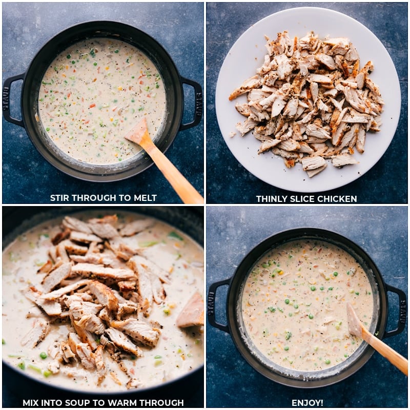 The best Creamy Chicken Soup is thick, hearty, comforting and downright delicious! This creamy soup is packed with veggies, loaded with tender chicken, and perfect for dunking in some crusty, buttered bread! Recipe via chelseasmessyapron #dinner #quick #easy #simple #best #familyfriendly #kidfriendly #comfortfood #creamy #chicken #soup Process shots-- images of the chicken being added back into the pot