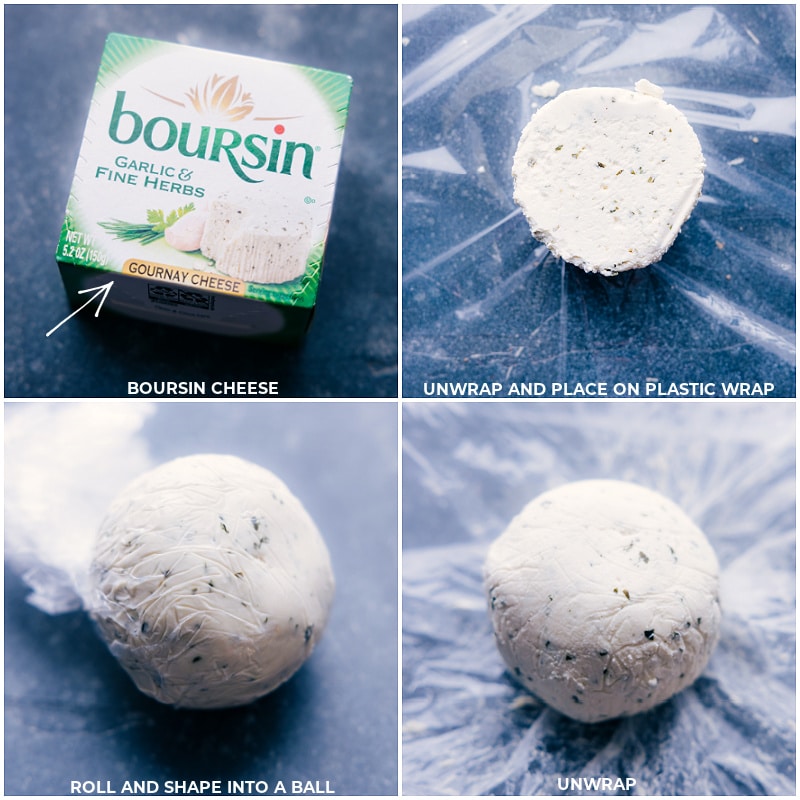 How To Make A Christmas Cheese Ball The Boursin being rolled into a ball.
