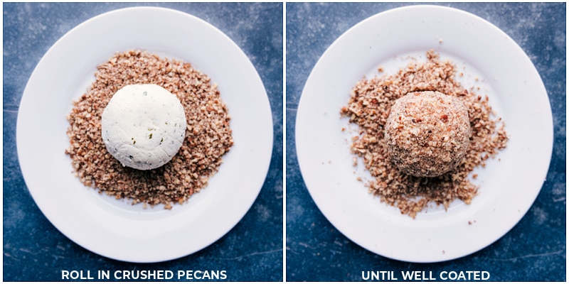 Roll Christmas Cheese Ball In Pecans The Christmas cheese ball being rolled in crushed pecans.