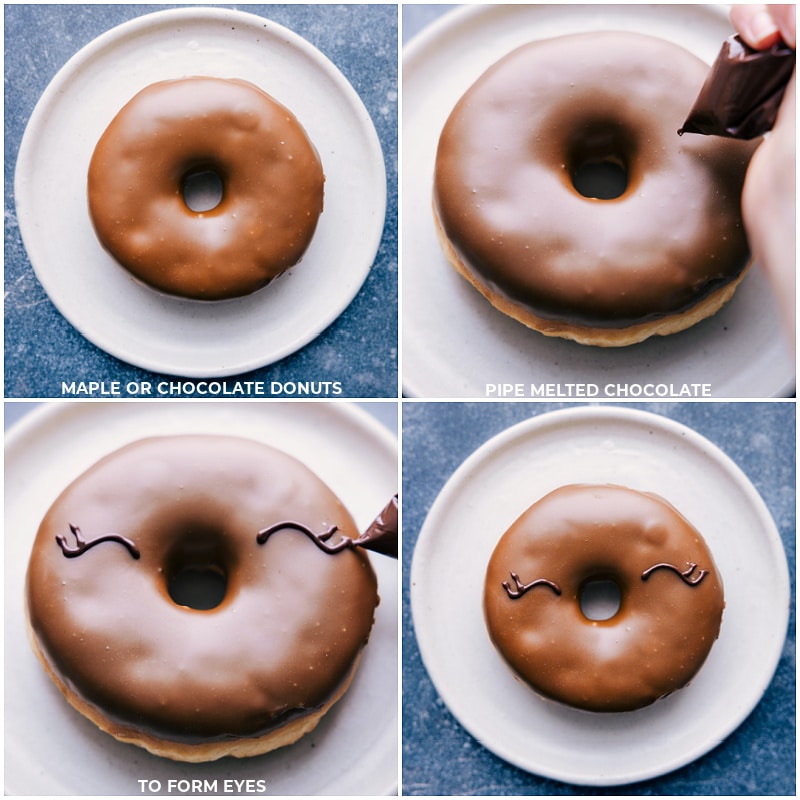 Christmas Donuts! These cute and festive donuts are simple to make and sure to be a hit this holiday season! Recipe via chelseasmessyapron #dessert #best #holiday #deer #holidaytreats #christmastreats #christmas #donuts Process shots of Christmas Donuts-- images of the chocolate eyes being pipped onto each donut
