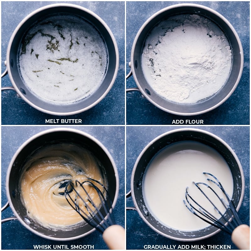 This Creamy Mushroom Soup recipe has a deep, savory flavor with a wonderful heartiness. This soup has a thick, creamy base that is packed with a myriad of veggies, loads of mushrooms, and tender farro. Recipe via chelseasmessyapron #dinner #comfortfood #healthy #familyfriendly #comfortfood #winterrecipes #christmasrecipes #creamymushrooms #soup #recipe Process shots of Creamy Mushroom Soup recipe-- images of the butter, flour, and milk being added to a pot