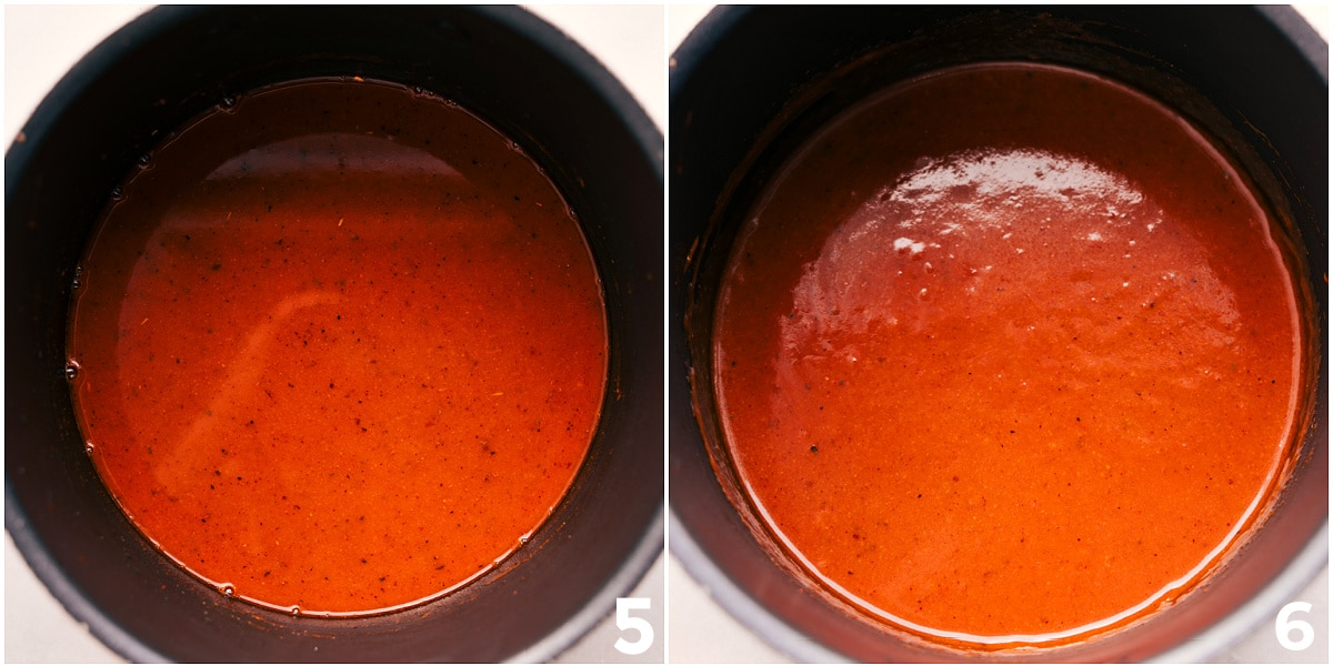 Making Simple Enchilada Sauce Add chicken broth to the mixture and cook everything together.