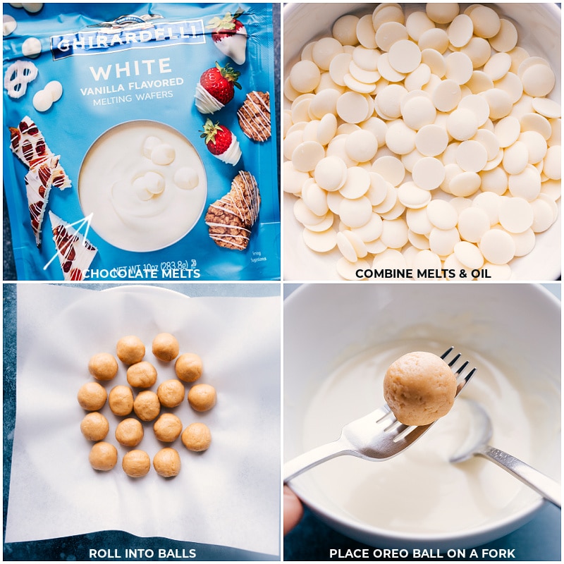 Golden Oreo Truffles are one of the easiest treats to make -- no-baking required! Recipe via chelseasmessyapron #dessert #best #quick #easy #simple #treat #goldenoreo #truffles Process shots of Golden Oreo Truffles-- images of the white chocolate being melted