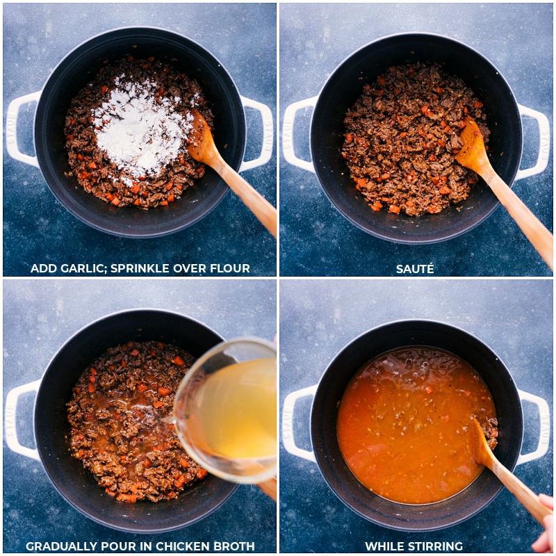 This delicious and Healthy Zuppa Toscana features loads of veggies including carrots, sweet potatoes, and kale. This creamy, hearty, and delicious soup is naturally gluten-free and dairy-free. Recipe via chelseasmessyapron #dinner #quick #easy #simple #familyfriendly #kidfriendly #dairyfree #glutenfree #zuppatoscana #soup Process shots of Healthy Zuppa Toscana-- images of the flour and chicken broth being added to a pot