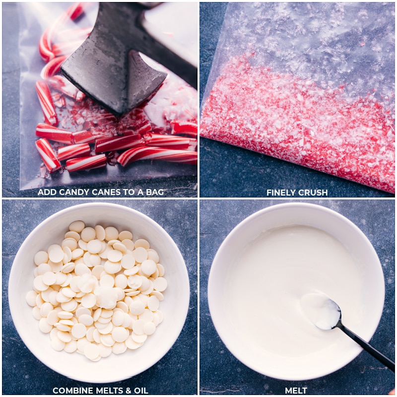 Peppermint Popcorn is a treat you won't want to skip this holiday season! Toss popcorn in white chocolate and crushed peppermint; then finish with a chocolate drizzle. This sweet snack mixย is nothing short of addicting!ย Recipe via chelseasmessyapron #dessert #best #quick #easy #simple #christmas #snackmix #holiday #holidaytreats #chocolate #peppermint #popcorn Process shots-- images of the candy canes being crushed and white chocolate being melted