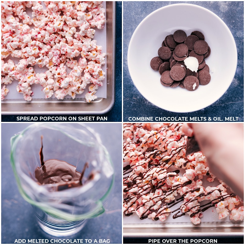 Peppermint Popcorn is a treat you won't want to skip this holiday season! Recipe via chelseasmessyapron #dessert #best #quick #easy #simple #christmas #snackmix #holiday #holidaytreats #chocolate #peppermint #popcorn Process shots--images of the popcorn being spread on a tray and then the dark chocolate being melted