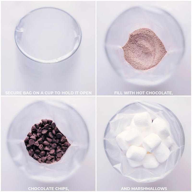 Reindeer Hot Chocolate -- the cutest edible gift this holiday season! Put a smile on your kid's face or gift out to neighbors, friends, co-workers, family, etc. Recipe via chelseasmessyapron #dessert #gift #christmas #holidays #christmasgifts #holidaygifts #rudolph #reindeer #hot #chocolate Process shots of Reindeer Hot Chocolate-- images of the ingredients being layered into the bags!