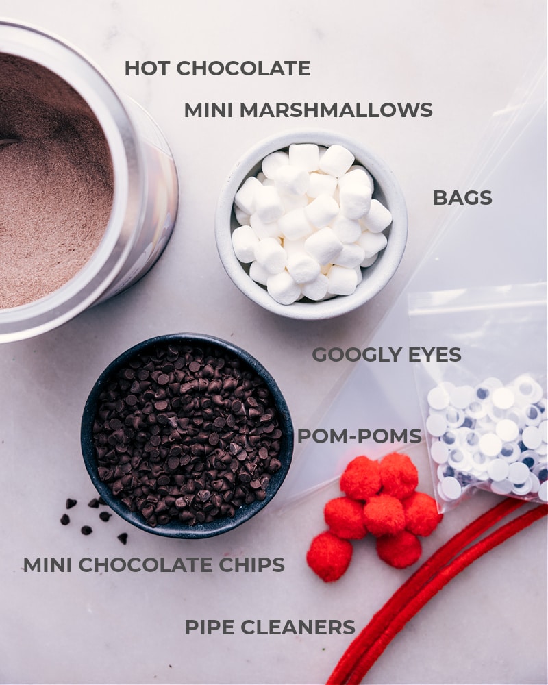 Reindeer Hot Chocolate! Add hot chocolate mix, chocolate chips, and marshmallows to a cone-shaped bag and decorate to look like Reindeer (specifically Rudolph). Put a smile on your kid's face or gift out to neighbors, friends, co-workers, family, etc. Recipe via chelseasmessyapron #dessert #gift #christmas #holidays #christmasgifts #holidaygifts #rudolph #reindeer #hot #chocolate Ingredient shot-- image of all the ingredients used in this gift idea