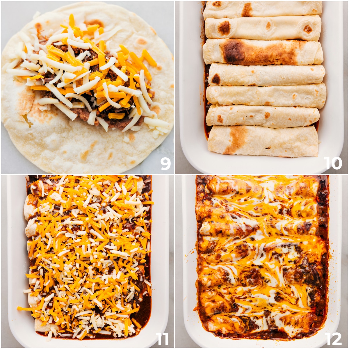 How To Make Instant Pot Beef Enchiladas Assemble the shredded beef enchiladas by adding all the ingredients to each tortilla, placing the tortillas in a casserole dish, and baking.