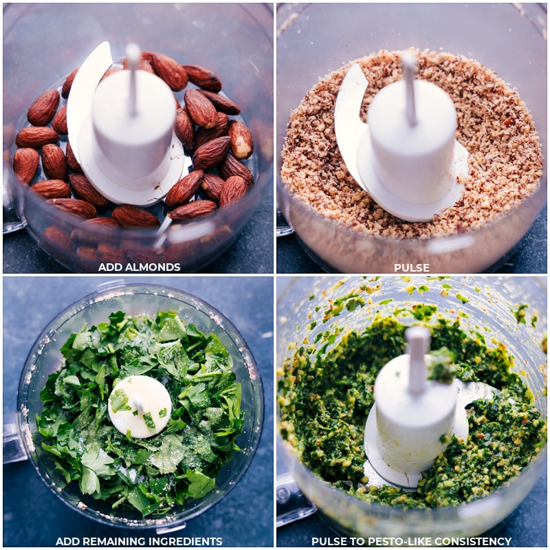 If you need a comforting and flavorful soup to warm you up, this Vegetable Pasta Soup is the perfect choice. Filled with a variety of vegetables and packed with flavor, this soup is sure to satisfy your cravings. So go ahead and give this hearty, herb-packed soup a try โ your taste buds (and stomach) will thank you! Recipe via chelseasmessyapron #dinner #quick #easy #simple #comfortfood #familyfriendly #kidfriendly #winterrecipes #vegetable #pasta #soup Process shots of Vegetable Pasta Soup-- images of the herb sauce being pulsed together