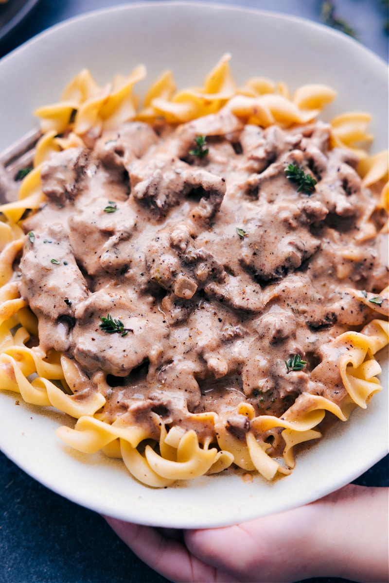 Our favorite Beef Stroganoff is a classic dish made with tender slices of beef in a rich and creamy sauce, served over a bed of egg noodles. This recipe is a game-changer, as it packs all the flavor you love from the traditional recipe, but is made so much quicker and easier in a pressure cooker! Get ready for a delicious and hearty meal that will have your family and friends asking for seconds! Recipe via chelseasmessyapron #dinner #quick #easy #simple #best #familyfriendly #kidfriendly #comfortfood #noodles #eggnoodles #beef #stroganoff Up close overhead image of the beef stroganoff ready to be enjoyed