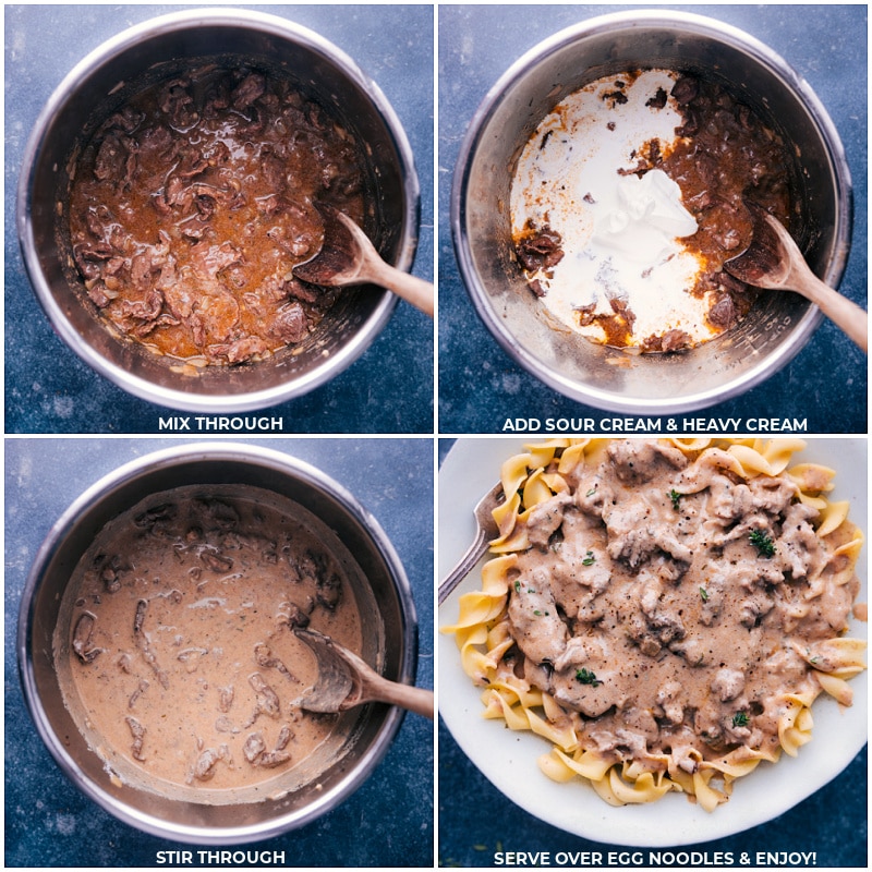 The best Beef Stroganoff is a classic dish made with tender slices of beef in a rich and creamy sauce, served over a bed of egg noodles. This recipe is a game-changer, as it packs all the flavor you love from the traditional recipe, but is made so much quicker and easier in a pressure cooker! Get ready for a delicious and hearty meal that will have your family and friends asking for seconds! Recipe via chelseasmessyapron #dinner #quick #easy #simple #best #familyfriendly #kidfriendly #comfortfood #noodles #eggnoodles #beef #stroganoff Process shots-- images of the sour cream and heavy cream being added to the instant pot