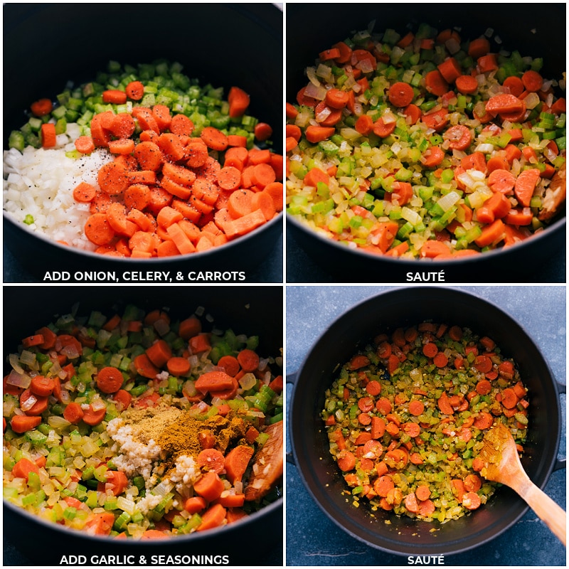 We've got tender shredded chicken, rice, carrots, onion, and celery all simmering together in a rich, creamy, and flavorful base that will have you coming back for seconds (or thirds). Get ready to cozy up with a big bowl of this comforting goodness! Recipe via chelseasmessyapron #dinner #quick #easy #simple #best #familyfriendly #comfortfood #healthy #curry #chicken #rice #soup Process shots-- images of the onions, seasonings, and garlic being sautรฉed together