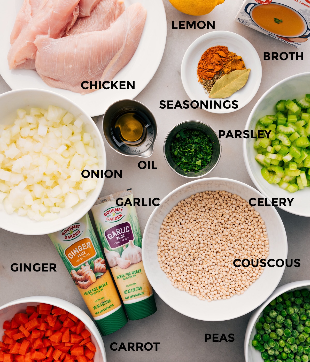 Ingredients In Couscous Soup Recipe This recipe includes veggies, chicken, couscous, seasonings, broth, and oil.