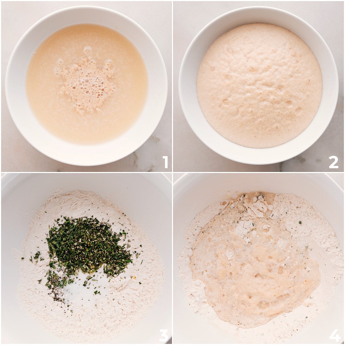 How To Make No-Knead Herb Bread The yeast mixture rises as the dry ingredients combine with it to make this herb bread.