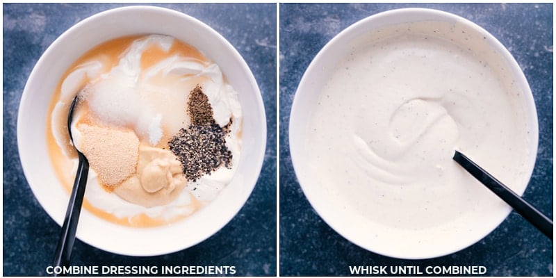 Looking for a delicious and satisfying Macaroni Salad that packs a punch of flavor? Look no further! Our special recipe is the perfect combination of tender pasta, crisp veggies, and a robustly flavored dressing that will leave your taste buds tingling. Recipe via ChelseasMessyApron.com #macaronisalad #pasta #sweet #tangy #veggies #vegetarian #picnic #summertime #salad #macaroni Process shots: making the dressing for Macaroni Salad