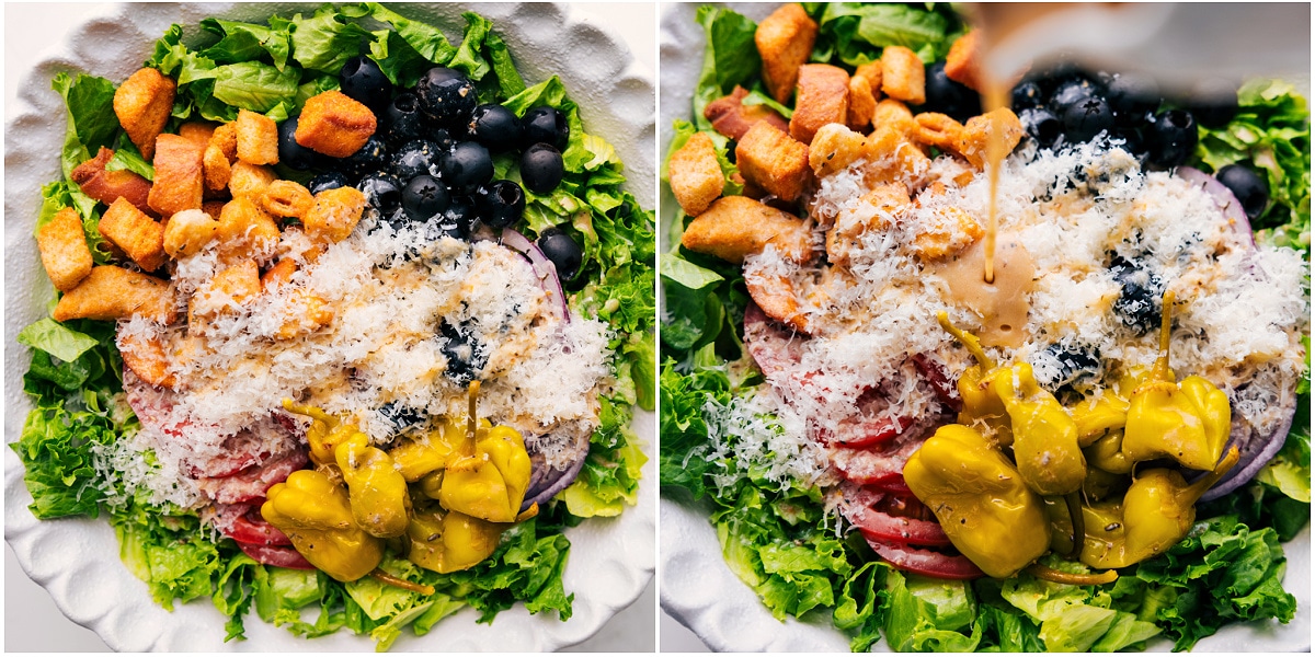 Olive Garden Salad Recipe Being Dressed Olive Garden salad recipe being dressed in a bowl.