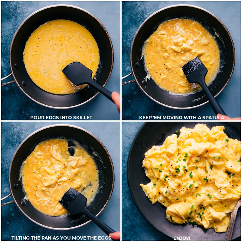 Scrambled Eggs will elevate your breakfast game with its easy to follow steps, simple ingredients, and a technique that guarantees a delicious, creamy, and custardy pile of eggs every time. Get ready for a breakfast that will have everyone at the table asking for seconds! Recipe via chelseasmessyapron #sidedish #best #quick #easy #simple #breakfast #brunch #healthy #scrambled #eggs Process shots of Scrambled Eggs-- images of the eggs being cooked in the skillet