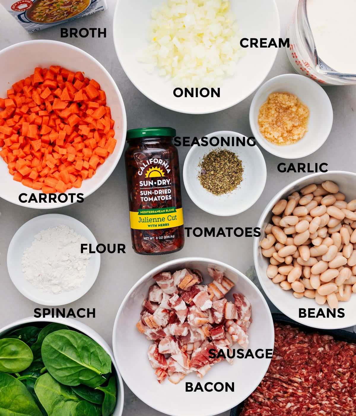 Ingredients In Tuscan Soup Recipe All the ingredients in this recipeโveggies, seasoning, tomatoes, beans, sausage, bacon, spinach, flour, broth, and cream.