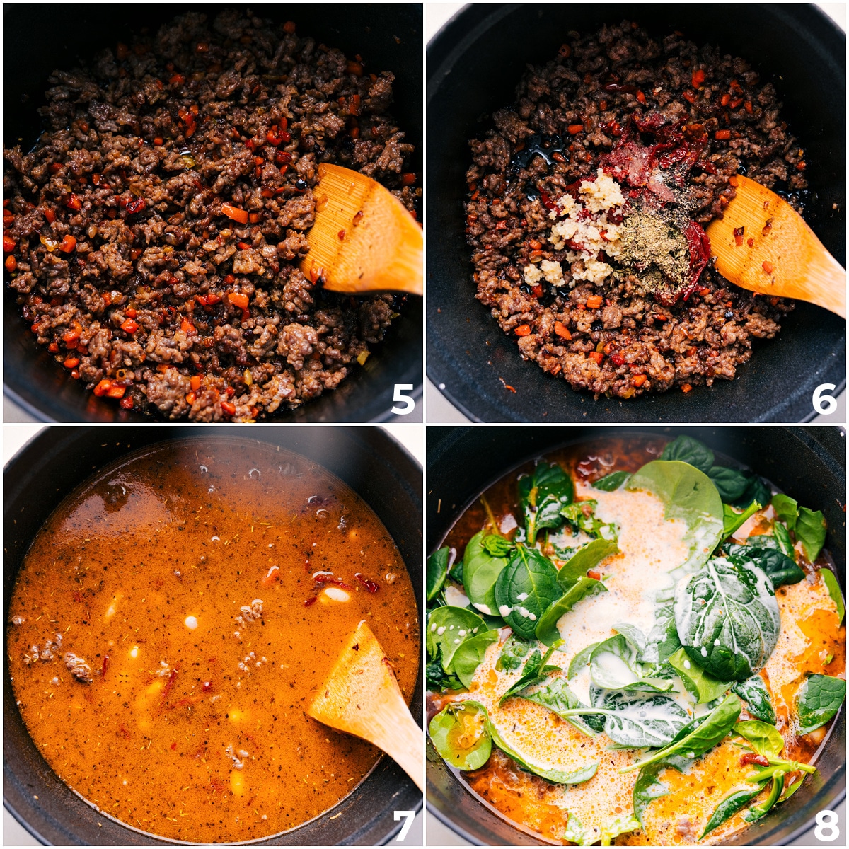 A Simple And Delicious One Pot Tuscan Soup Recipe Add the tomato paste, seasonings, garlic, broth, cream, and spinach to the pot and let it cook through.