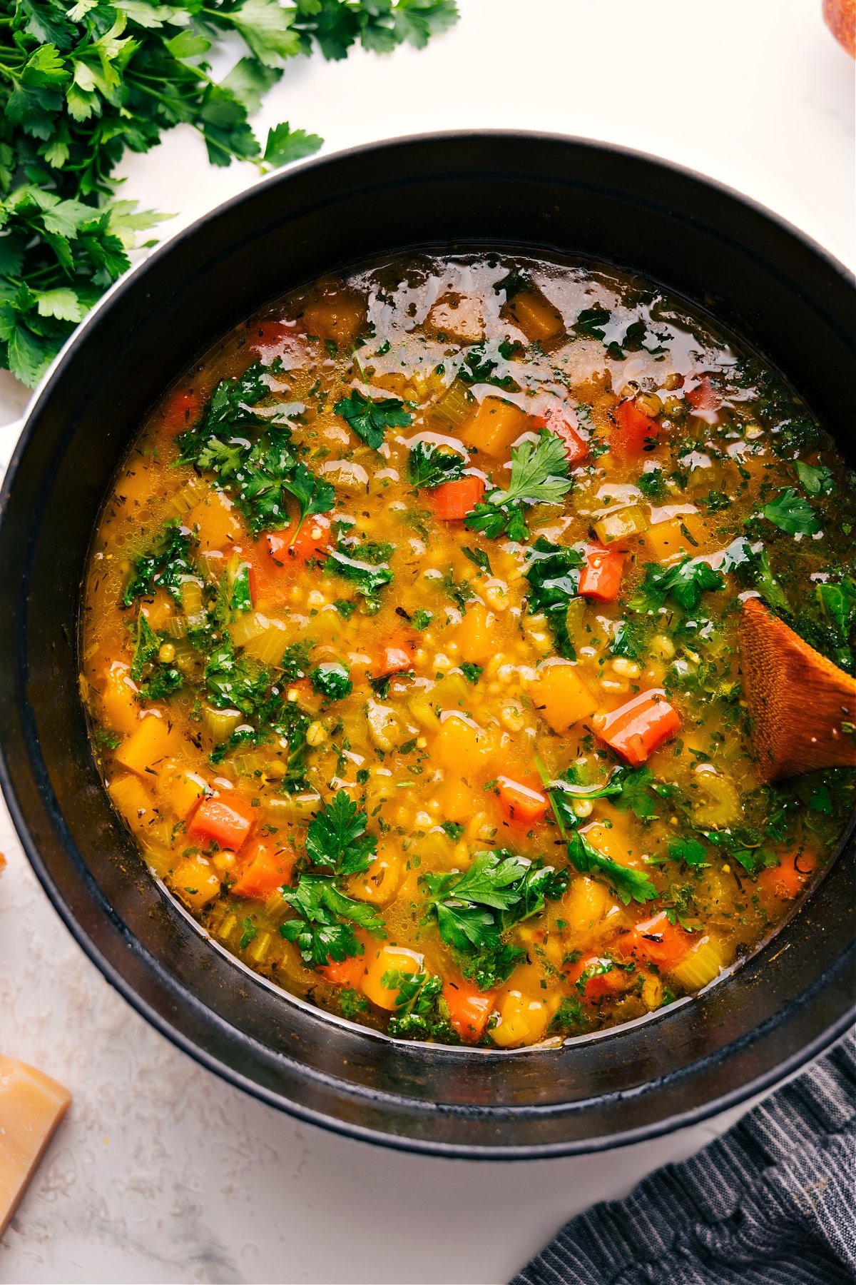 The Best Barley Soup Recipe Vegetarian Barley Soup simmering in the pot, ready to serve.