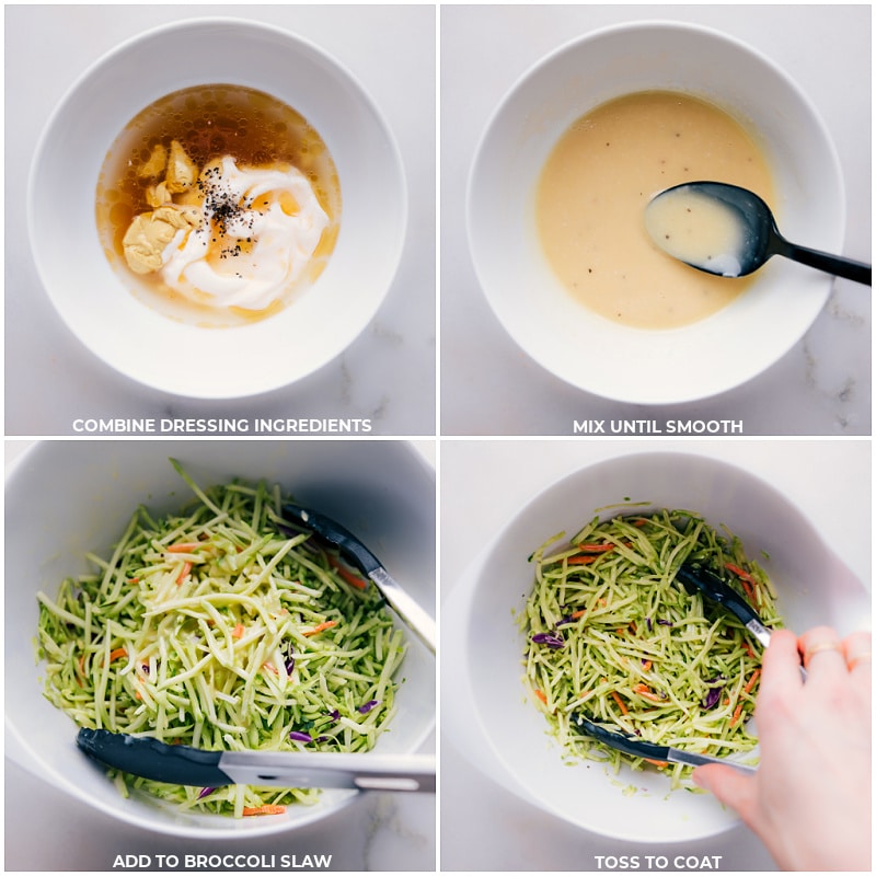 How To Make Asian Chicken Wraps Dressing being mixed together and it being added to the broccoli slaw to fill in these Asian Chicken Wraps.