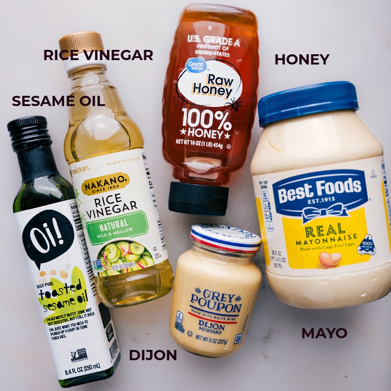 Ingredients In Asian Chicken Wraps Dressing All the ingredients used in the dressing set out for easy assembly.