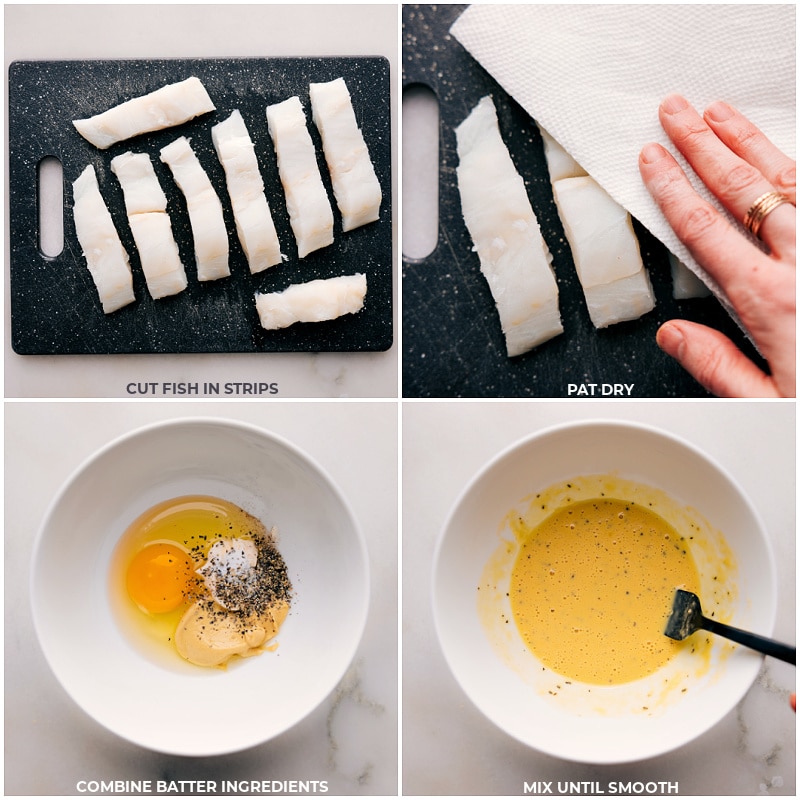 Say hello to a healthier version of the beloved classic fried fish and chips - Baked Fish and Chips! This recipe takes the traditional comfort food to the next level by baking everything to crispy perfection, right on one sheet pan. No more deep frying and excess oil! Serve with lemon wedges, tartar sauce and freshly grated Parmesan cheese for an extra burst of flavor. Recipe via chelseasmessyapron #dinner #quick #easy #simple #familyfriendly #kidfriendly #comfortfood #fries #bakedfish #chips Process shots of Baked Fish and Chips-- images of the fish being cut into strips and the batter being mixed together