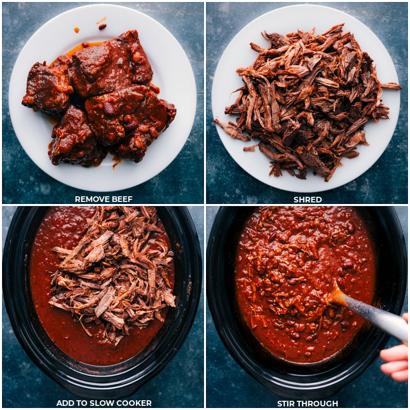 Treat your taste buds to a feast with our delectable Chili Con Carne recipe! Recipe via chelseasmessyapron #dinner #quick #easy #simple #familyfriendly #kidfriendly #mexican #chili #concarne Process shots of Chili Con Carne-- images of the beef being shredded and added back to slow cooker