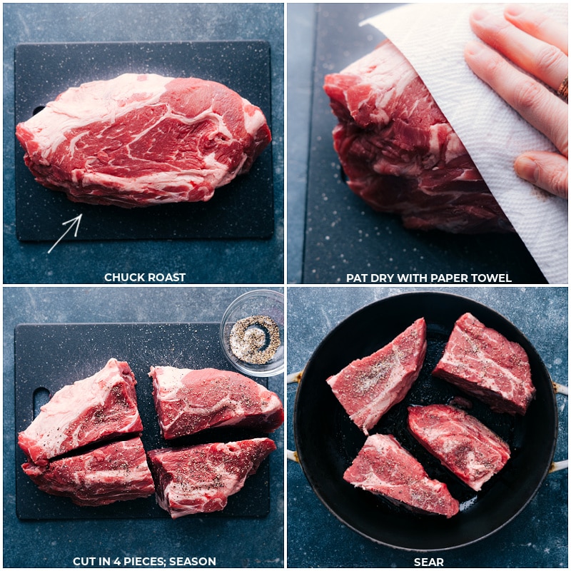 Treat your taste buds to a feast with our delectable Chili Con Carne recipe! This chili dish features succulent pieces of beef slow-cooked in a medley of crushed tomatoes, diced onions, and peppers. Serve it up with your favorite toppings and dive into a delicious bowl of the best chili ever! Recipe via chelseasmessyapron #dinner #quick #easy #simple #familyfriendly #kidfriendly #mexican #chili #concarne Process shots of Chili Con Carne-- images of the chuck roast to be pat dried and cut into four pieces