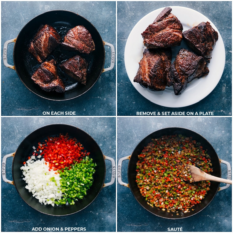 Treat your taste buds to a feast with our delectable Chili Con Carne recipe! This chili dish features succulent pieces of beef slow-cooked in a medley of crushed tomatoes, diced onions, and peppers. A tantalizing blend of chili spices and a touch of heat create a warm and comforting meal that's sure to satisfy. Recipe via chelseasmessyapron #dinner #quick #easy #simple #familyfriendly #kidfriendly #mexican #chili #concarne Process shots-- images of the meat being cooked and then veggies being sautรฉed