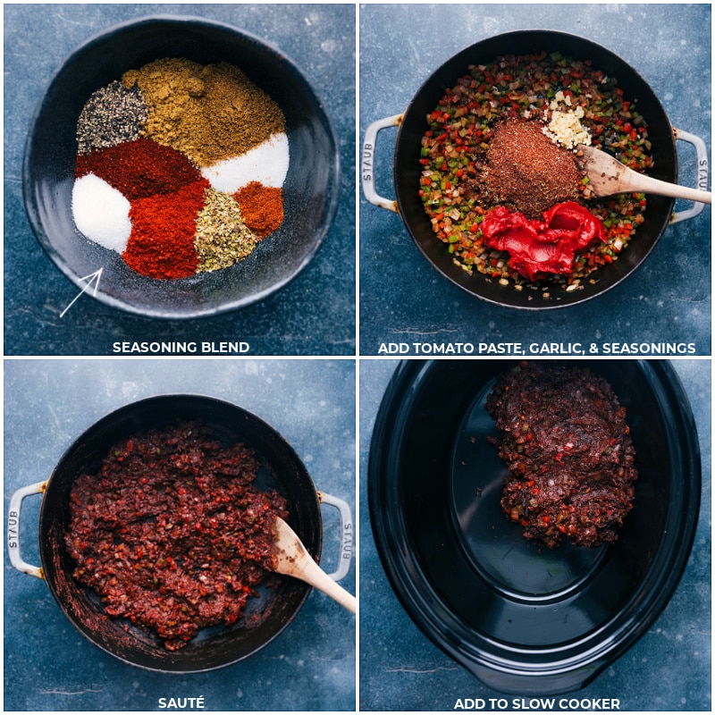 Treat your taste buds to a feast with our delectable Chili Con Carne recipe! Serve it up with your favorite toppings and dive into a delicious bowl of the best chili ever! Recipe via chelseasmessyapron #dinner #quick #easy #simple #familyfriendly #kidfriendly #mexican #chili #concarne Process shots of Chili Con Carne-- images of the seasonings, tomato paste, and garlic being added to the pot and all being cooked together, then everything being added to crockpot