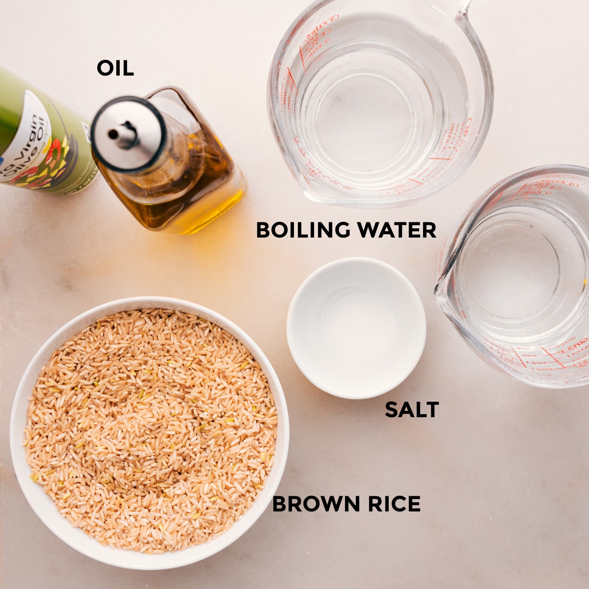Ingredients Needed To Cook The Perfect Brown Rice Ingredients in this recipe are ready for easy assembly: rice, salt, boiling water, and oil.