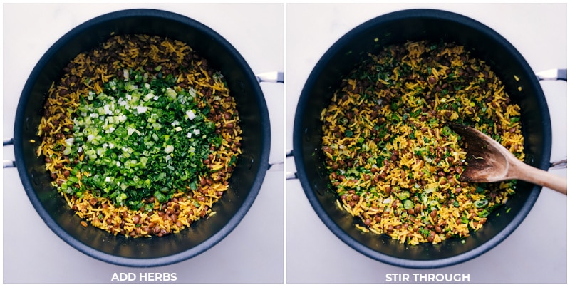 Mujadara, also known as Mejadra, is a popular Middle Eastern dish made with rice, lentils, and caramelized onions. Mejadra is often served as a main vegetarian course or as a side dish with yogurt and/or a fresh salad. Recipe via chelseasmessyapron #dinner #quick #easy #simple #familyfriendly #kidfriendly #comfortfood #riceandlentils #israeli #mujadara Process shots of Mujadara- images of the herbs being mixed through