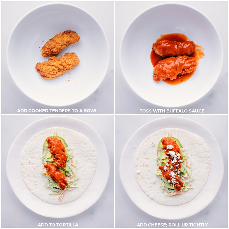 Spice Up Your Recipe Game With These Buffalo Chicken Wraps Chicken being covered in buffalo sauce and it being layered in the tortilla for this buffalo chicken wraps.