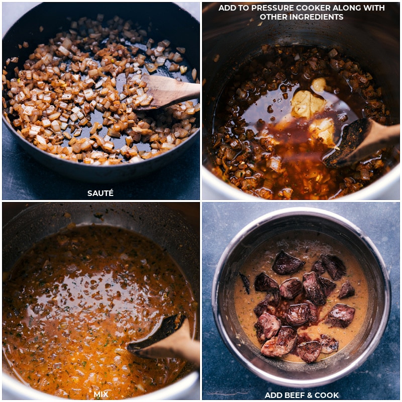 Treat yourself to the ultimate comfort food with this delightful Beef and Noodles recipe. Recipe via ChelseasMessyApron.com #beefandnoodles #beef #noodles #chuckroast #roast #creamy #comfortfood #mashedpotatoes #instantpot #slowcooker #crockpot Process shots: sautee the onions and garlic; add all ingredients to the cooker; mix well; add beef and cook.