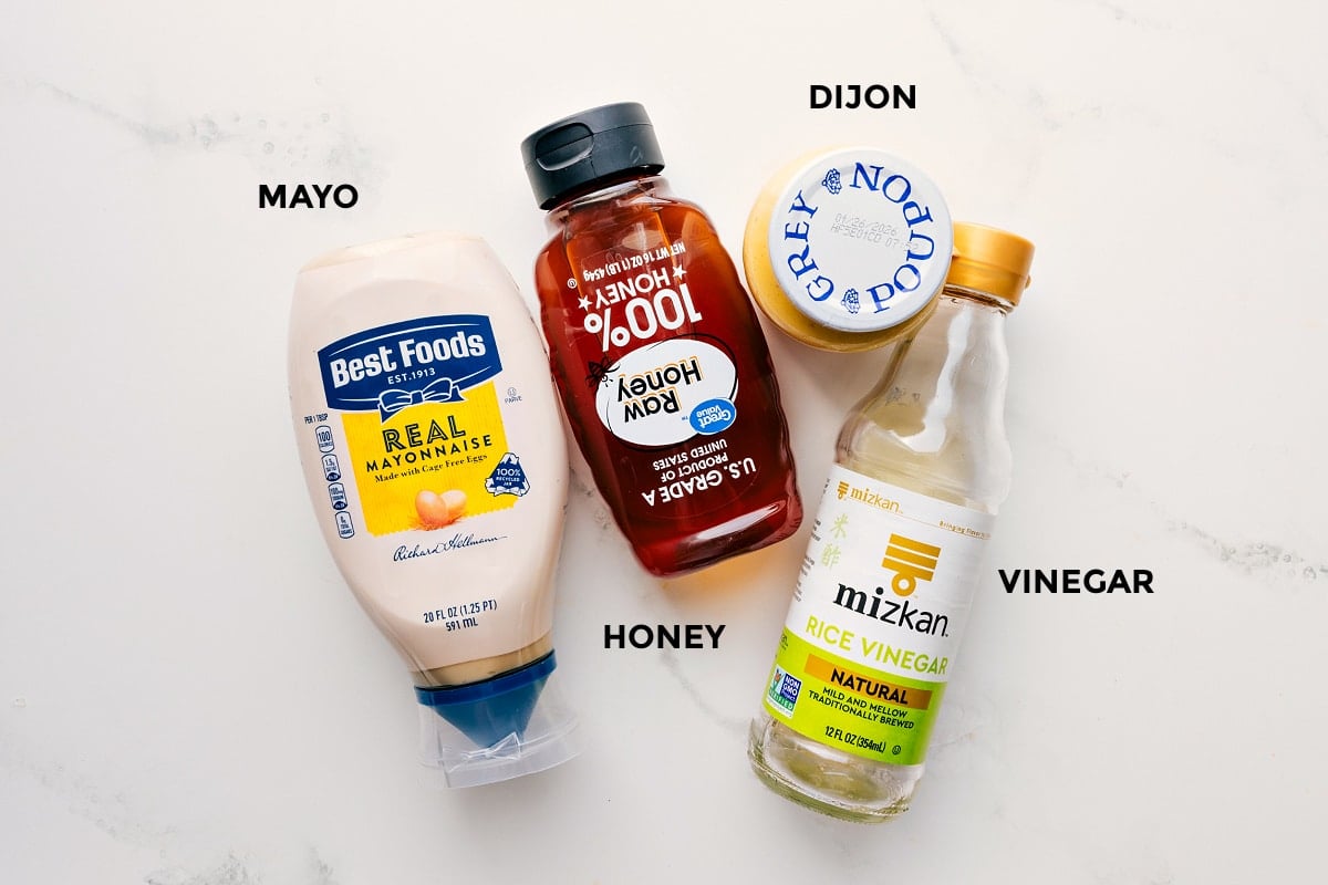 Ingredients in this sauce prepped out for easy assembly including the mayo, honey, dijon, and vinegar.
