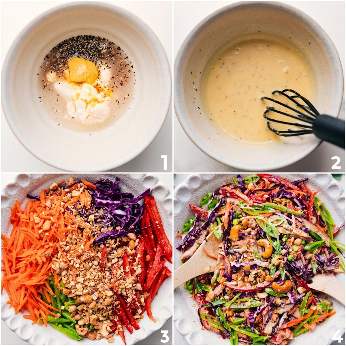 The sauce being whisked and the crunchy cashew slaw being tossed with dressing in a large bowl.