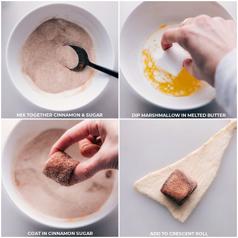 Easter celebrations call for joy, family bonding, and of course, delightful treats like these Empty Tomb Rolls! These scrumptious rolls, with their tender, flaky crescent dough and gooey, cinnamon-sugar-coated marshmallow centers, are an irresistible combination of flavors and textures. Recipe via chelseasmessyapron #dessert #best #quick #easy #simple #breakfast #cinnamon #cinnamonrolls #marshmallow #easter #easterrecipes #easterbreakfast #emptytombrolls #rolls Cinnamon sugar mixture being made and the marshmallows being dipped in cinnamon sugar and it all being rolled in a crescent roll for these empty tomb rolls.