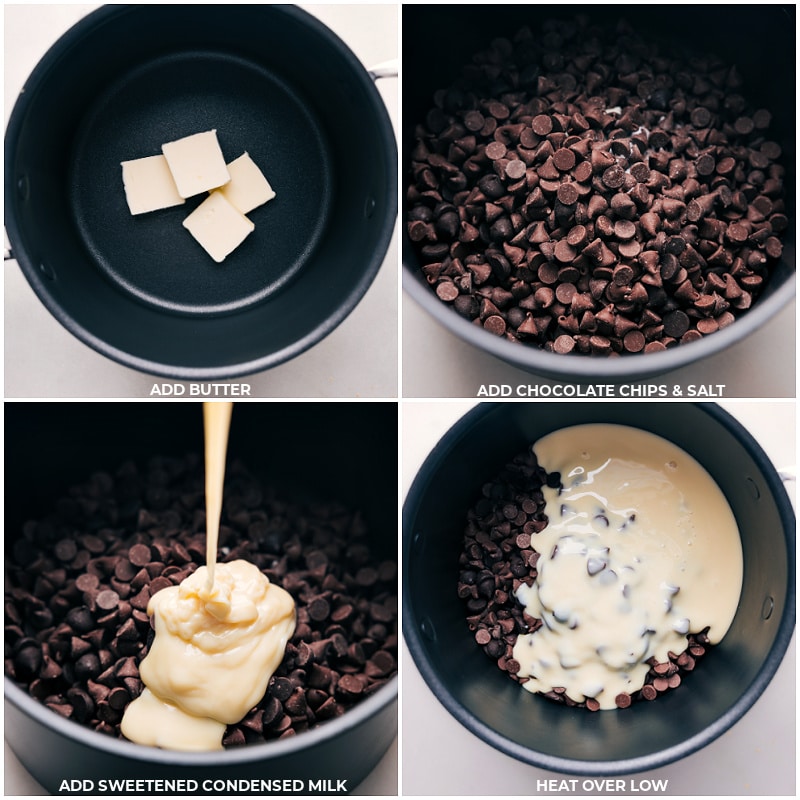 This Easter Chocolate Creme Egg Fudge recipe is the perfect fun and festive treat to make this Spring! Not only is it quick and easy to make, but it also doesn't require any special equipment or candy thermometer, making it a great option for those who are new to candy making. Recipe via chelseasmessyapron #dessert #best #quick #easy #simple #nobake #easter #chocolatecreme #egg #fudge Process shots of Easter Chocolate Creme Egg Fudge-- images of the butter, chocolate chips, salt, and sweetened condensed milk being added to a pot
