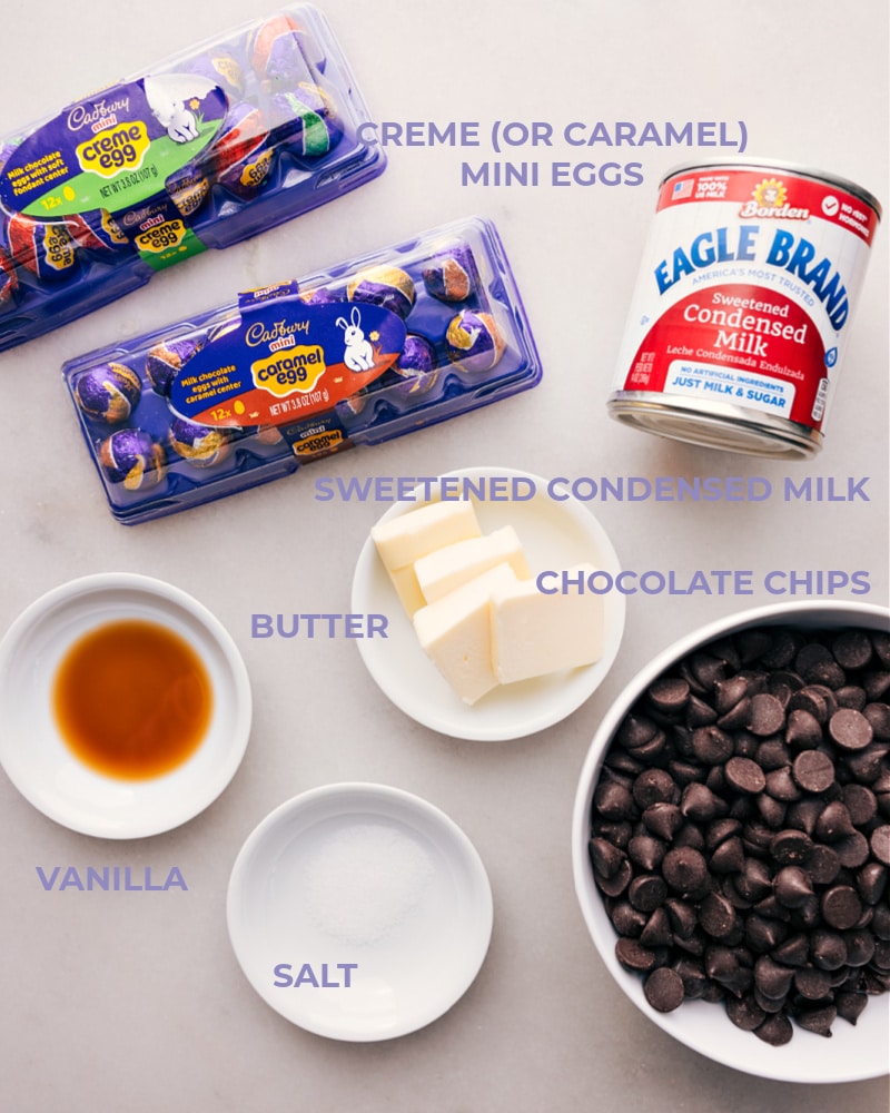 This Easter Chocolate Creme Egg Fudge recipe is the perfect fun and festive treat to make this Spring! And with the delicious Cadbury Creme Eggs adorning the top, it's sure to be a crowd-pleaser this Easter! Recipe via chelseasmessyapron #dessert #best #quick #easy #simple #nobake #easter #chocolatecreme #egg #fudge Ingredient shot-- image of all the ingredients used in this recipe