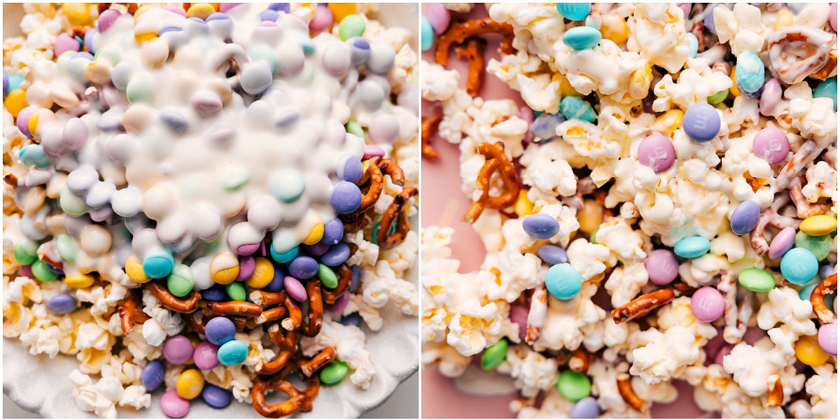 How To Make This Easter Popcorn Snack Mix All the ingredients for this Easter popcorn mixed together in a large bowl.