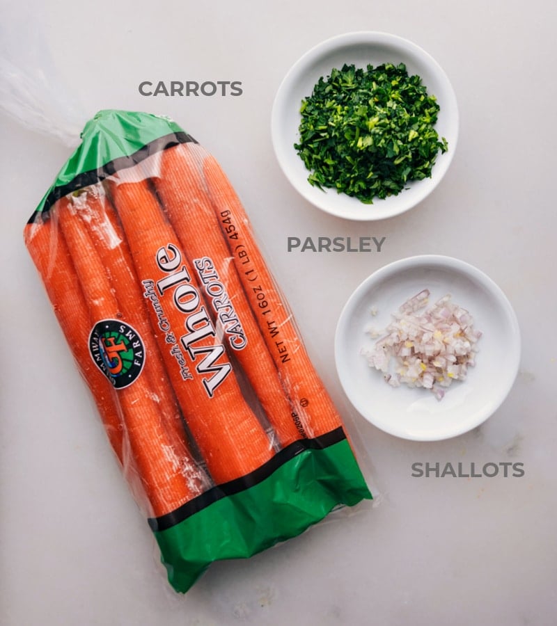 A refreshing French Carrot Salad featuring freshly grated carrots, diced shallots, and chopped parsley, this vibrant dish is both eye-catching and delicious. Give this delightful salad a try, and you'll be amazed at how it brightens up your meal! Recipe via chelseasmessyapron #sidedish #best #quick #easy #simple #fast Ingredient shot-- image of all the ingredients used in this recipe