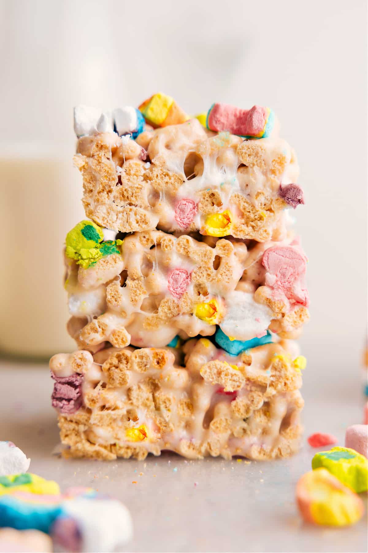 Lucky Charms Bars stacked and ready to enjoy.