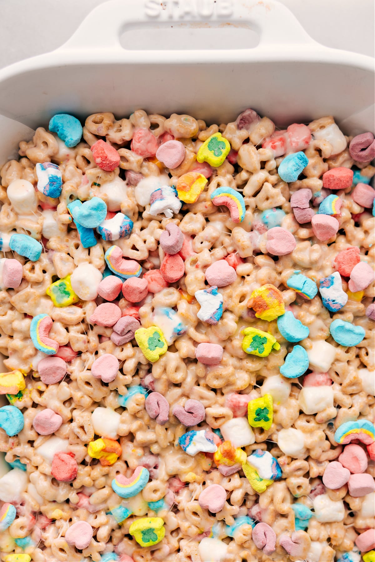 St. Patricks Day Treat: Lucky Charms Bars Lucky Charms Bars in a pan, ready to cut, serve, and enjoy.