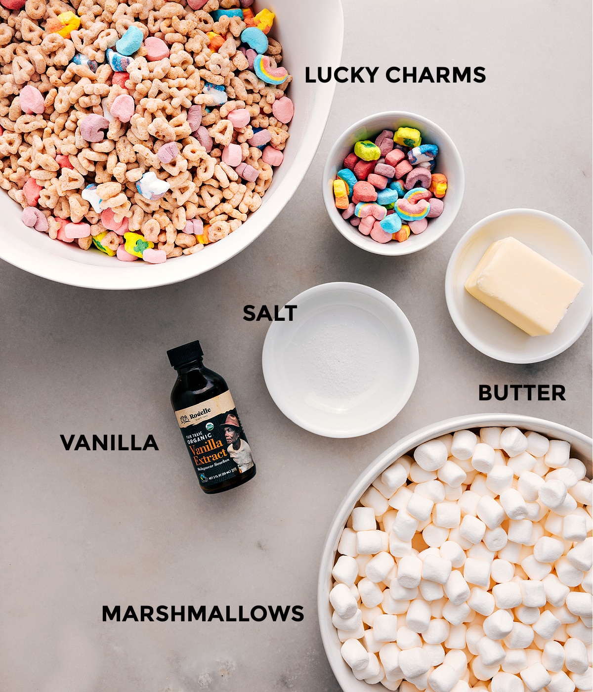Ingredients In Lucky Charms Bars All the ingredients prepped for easy assembly: cereal, butter, salt, vanilla, and marshmallows.