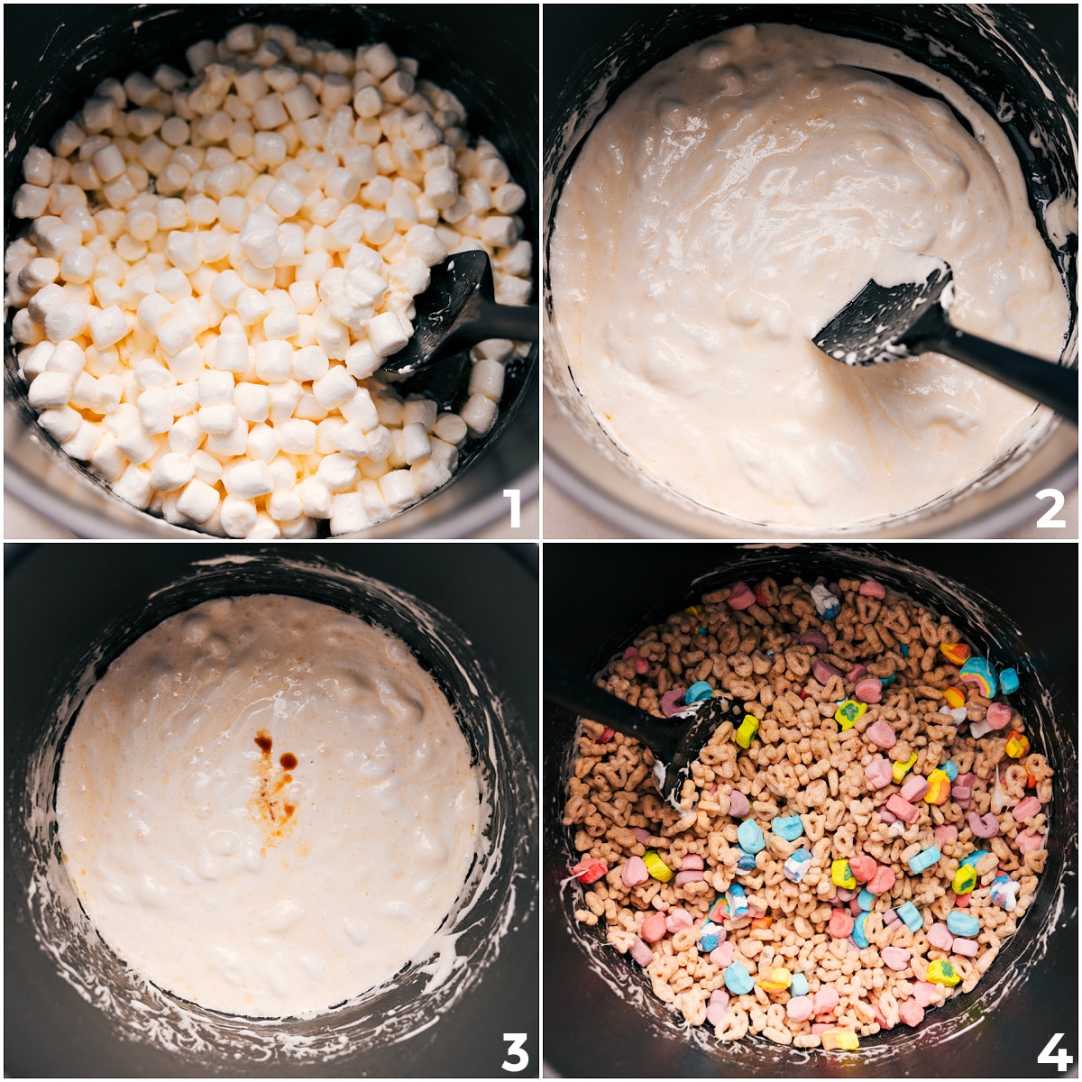 How To Make Lucky Charms Bars Marshmallows melting down with vanilla and Lucky Charms added for these bars.
